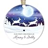 First Christmas Mommy Daddy Ornament 1st Holiday New Parents Newborn Child Infant Boy Girl Pretty Winter Scene Baby Shower Keepsake Present 3 Flat Ceramic w White Ribbon Free Gift Box OR00040