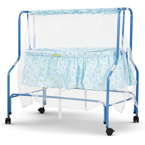 Image of BAYBEE Clora Baby Cradle and Swing with Mosquito Net (Enchant Lite Blue) | Jhula Palna for Newborns | 360 Rotating Lockable Wheels & Storage Basket