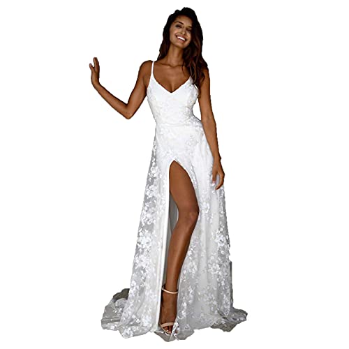 AIYIFU Robes de mariée avec Dentelle sans Manches à col en V Mariage pour Femmes,White,S Cover