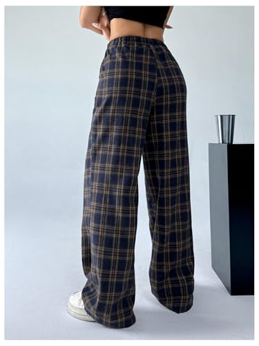 Women's Wide Leg Pants Y2K Drawstring Elastic High Waisted Plaid Pants Pajama with Pockets Brown X-Small2