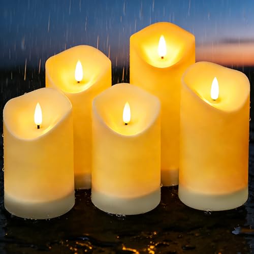 Nimiko Solar Outdoor Waterproof Flameless Candles - 5 Pack Solar & Battery Operated LED Candles White (D3.25 x 4/5/6 Assorted Heights) for Garden Patio Outdoor Decoration