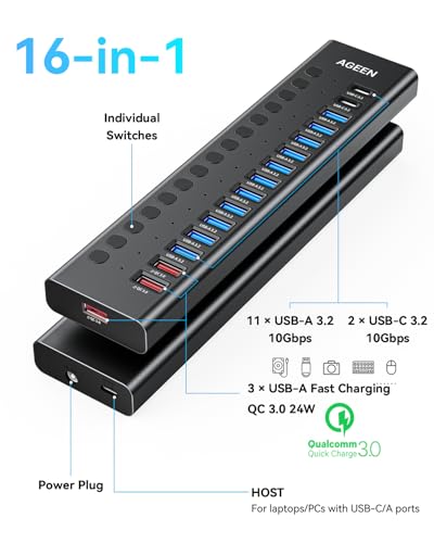 Image of AGEEN 16-Port Powered USB 3.2 Hub-10Gbps SuperSpeed Data Splitter with 2 USB-C & 11 USB-A Ports, 3 x 24W QC 3.0 Fast Charging Ports, Individual On /Off Switches, 96W Power Adapter for Laptop, PC
