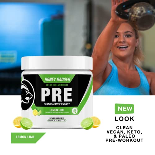 Honey Badger Pre Workout Powder, Keto Vegan Preworkout For Men & Women With Vitamin C For Immune Support, Beta Alanine & Caffeine, Sugar Free Natural Energy Supplement, Lemon Lime, 30 Servings #TOP1