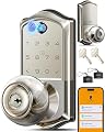 Veise VE018 Smart Knob Handle Lock - Fingerprint, App Control, Keyless Entry for Front Door and Bedroom, Electronic Digital Keypad, Auto Lock, Remote Access Sharing, IP55 Weatherproof, Satin Nickel