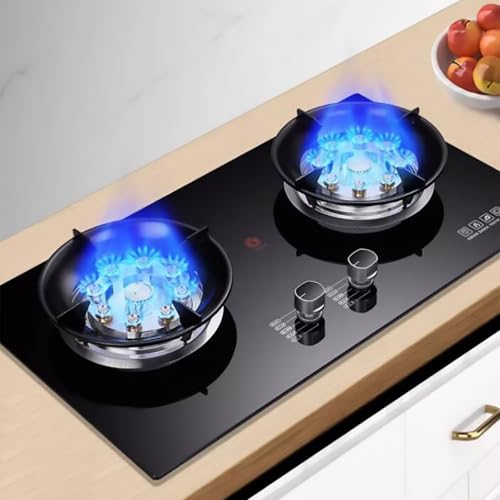 5.2KW ダブルガスコンロ - 強化ガラスガスコンロ、卓上および埋め込み式ガスレンジ、視覚的な火傷防止リマインダー付きガスコンロ、ガスコンロ取り外し可能な火カバー、お手入れ簡単(LPG)