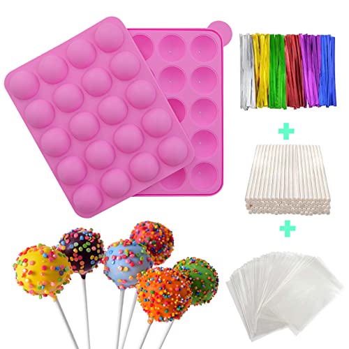 Moule À Pop Cake,Moule À Sucettes En Silicone pour la Fabrication de Chocolat de Cuisson de Gâteau de Sucette,20 Moules à Gâteau en Silicone+100 Bâtonnets à Friandises,Rose Cover