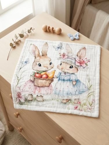 Image of Kassy Pop Baby Muslin Face Towel - Pack of 4 | Ultra Soft Baby Wipes Cum washtowel | 6 Layer Cotton | Reusable Hankies for Infants /Toddlers /Kids | 10 X 10 inches, Bunny Prints