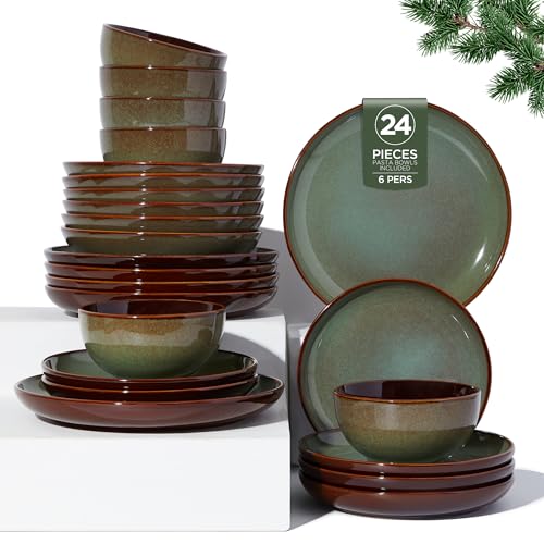 Image of Pokini 24 Piece Double Bowl Dinnerware Sets with Pasta Bowls, Highly Chip and Crack Resistant Plates and Bowls Sets, Natural Earthyware Ceramic Dishware Sets, Service for 6 Sage Green