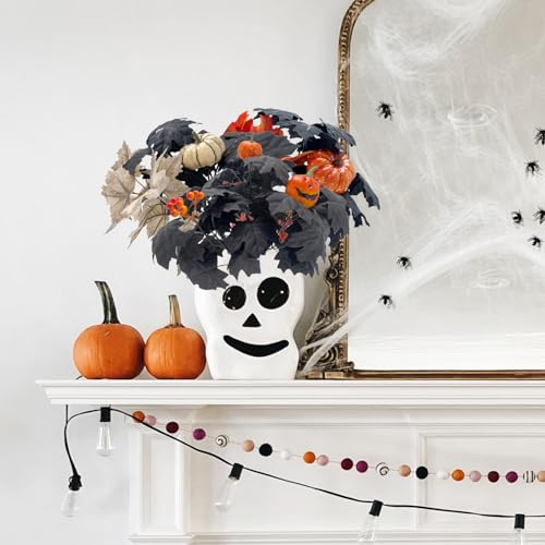 BEIJIALY 2 Pcs DIY Fall Decor Halloween Decor Maple Leaves Stems, Artificial Halloween Picks with Pumpkin, Halloween Branches for Party and Holiday Decor Black Orange Maple Leaves(White)