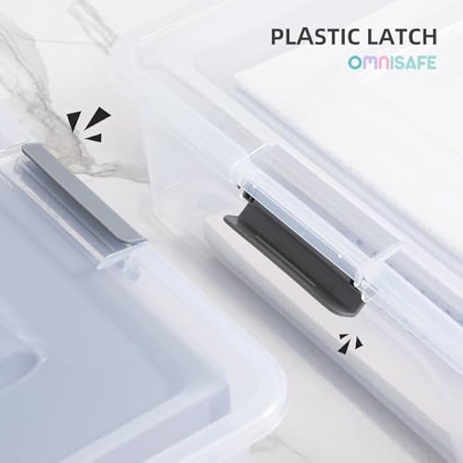 Plastic Storage Bin with Lid, Stackable Design, Clip Box for Crafts, Supplies and Office Items Container (4 Pack 10 Quart)