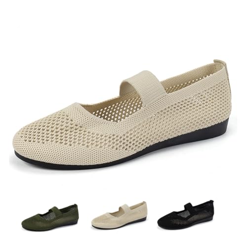 Women's Casual Hollow Out Knitted Mary Jane Flats Shoes, Wide Toe Box Slip-On Shoes for Bunions & Wide Feet, Breathable Dress Flats