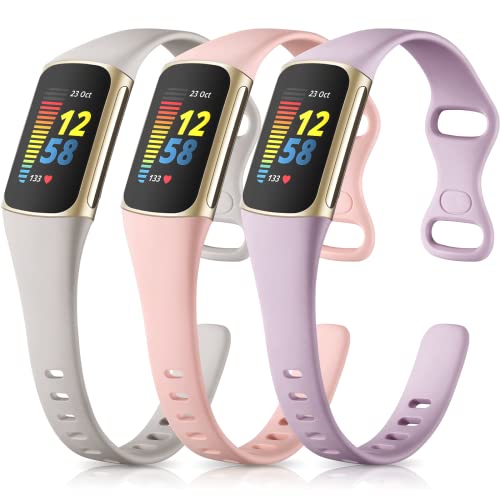 Maledan Slim Band Compatible with Fitbit Charge 6/Charge 5 Advanced Fitness Tracker, 3 Pack Cute Durable Slim Thin Sport Waterproof Replacement Wristbands for Women Men, Pink/Gray/Lavender