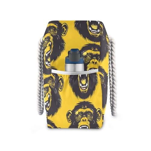 Monkey Yellow Black Sturdy Tote Bag Women with side pocketes Large Beach Bag with zippered pockets3