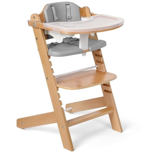 Cowiewie 3-in-1 Convertible Natural Wooden High Chair for Babies and Toddlers | 8 Levels Height Adjustable 3-Tier Trays 2 Waterproof Cushions Sturdy Frame for Safe Feeding and Growing Up (Grey)
