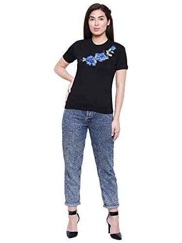Image of Saundarya Women's Embellished T-Shirt Hosiery Fabric Half Sleeve Round Neck Blue and Red Embroidery Black