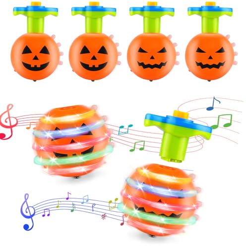 Halloween Kreisel für Kinder – 4er Set Kürbis-Kreisel mit Licht und Musik, Dekompressions Ziehspielzeug für Jungen Mädchen Party Mitgebsel