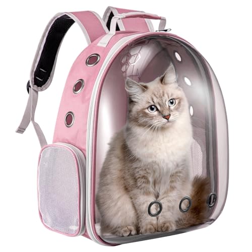 LN COZY CORNER Transparent Bubble Cat Backpack –Space Capsule Pet Carrier Backpack with Hard‑Shell Dome, Breathable Mesh & Padded Straps – Hands‑Free Travel Cat Bag Carrier (Pink)