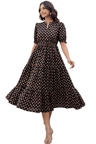Image of LABEL ADRIJA Pure Cotton Calf Length Midi Dress for Women Floral Print | Flared Anarkali Dress Puff Sleeves