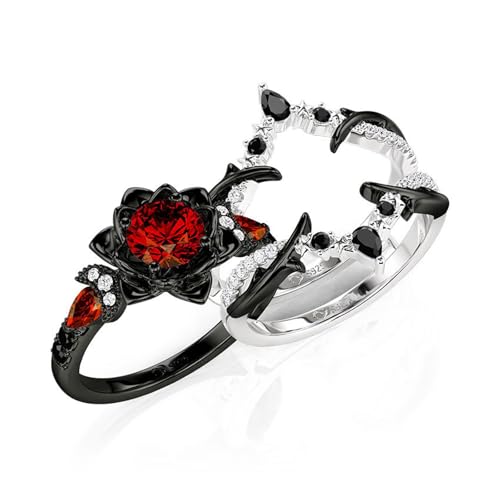 Image of Jeulia 2PCS Wedding Ring Set Black Tone Red Gemstone Three Stone Ring Moon Star Motifs Gothic Stackable Bridal Ring Set Vintage Floral Engagement Promise Jewelry Gift for Women