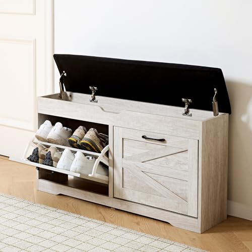 VitoEone Shoe Storage Bench Cushion, Entryway Bench with Storage, End of Bed Shoe Benches, Small Shoe Rack Benches, Entry Way Shoes Cabinet for Entryway, Bedroom, Living Room, Farmhouse, White
