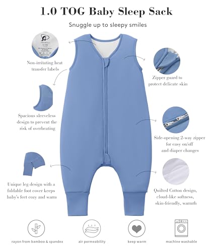 Image of Baby /Toddler Sleep Sack with Legs, Rayon from Bamboo 95% + 5% Spandex, 1.0 TOG, 2‑Way Zipper Sleeping Bag, Walker‑Friendly 18-36M Blue