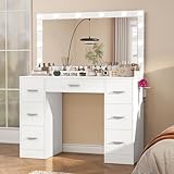 TEENFON Dressing Table with Large Mirror and 12 LED Lights, Vanity Desk with 7 Drawers & Hairdryer Holder, Vanity Table Makeup Desk for Women, Girls, 3 Lighting Color Adjustable, White - Image 7