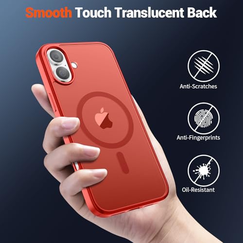 Image of SUPFINE Magnetic for iPhone 16 Case (Compatible with MagSafe) (Military Grade Drop Protection) Slim Translucent Matte Shockproof Phone Cover,Red