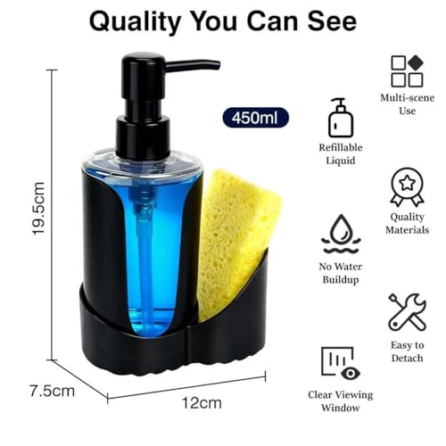 Image of Kitchen Sink Soap Dispenser Set - Dual Pump for Hand & Dish Soap, Sponge & Brush Holder, Refillable Sink Organizer (Single Black)