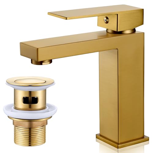 Gold Waschtischarmatur mit Abfluss, Badezimmermischbatterie, Gold Einhebel-Badezimmerarmatur, Monoblock-Waschraum-Waschraum-Waschraum-Armaturen mit Pop-Up-Ablauf, Mono-Quadratischer