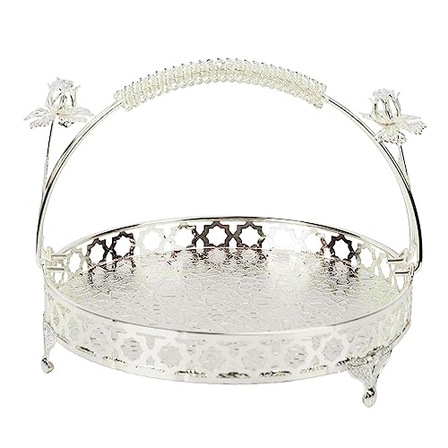 Metal Fruit Tray, Fruit Bowl Fruit Basket Candy Vegetables Holder Fruit Stand Desserts Tray Retro Round Decorative Tray with Handle(Silver)