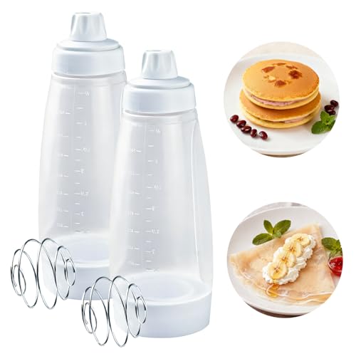 Pancake Batter Dispenser with Blender Balls,2 Pack Batter Mixer and Dispenser with Whisk Ball,Kitchen Pancake Shaker Batter Dispenser Bottle Baking Tool for Cupcakes, Muffins, Crepes, White