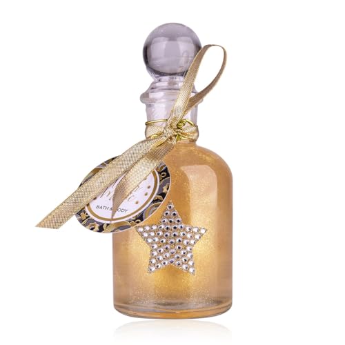 Bain moussant Accentra WINTER MAGIC Bain moussant, Mousse de douche, Gel douche dans un flacon en verre avec autocollant pailleté en forme d'étoile, parfum : Vanille, cadeau femme Noël or