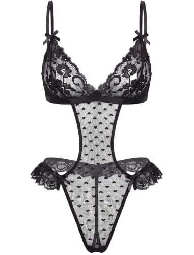 One Piece Lingerie for Women Sexy Lace Teddy Sheer Mesh Bodysuit Black XS - image 1