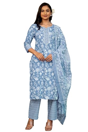 Image of MIRCHI FASHION Pure Cotton Floral Kurta Set for Women with Dupatta & Pant | 3 Piece Straight Fit Ethnic Outfit | Breathable Summer Salwar Suit