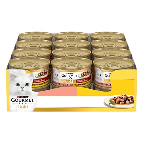 Purina Gourmet Gold Umido Gatto dadini in Salsa con Salmone e Pollo - 24 Lattine da 85 g Ciascuna (confezione da 24 X 85 g)