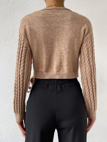 Image of ZAFUL Women's V Neck Sweater Lantern Long Sleeve Pullover Cable Knit Cross Crop Top Casual Tie Wrap Tunic Jumper Blouses