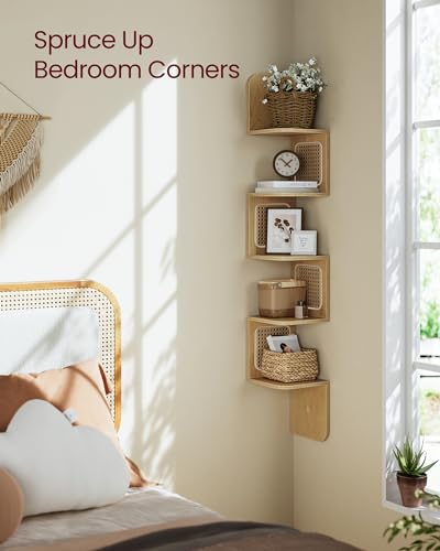 VASAGLE 5-Tier Corner Shelf, Wall Mounted Floating Shelf, Zigzag Corner Shelf Unit, PVC Rattan Sides, Space-Saving, for Kitchen, Living Room, Bedroom, Boho Style, Oak Beige ULLS582YC01S - Image 5