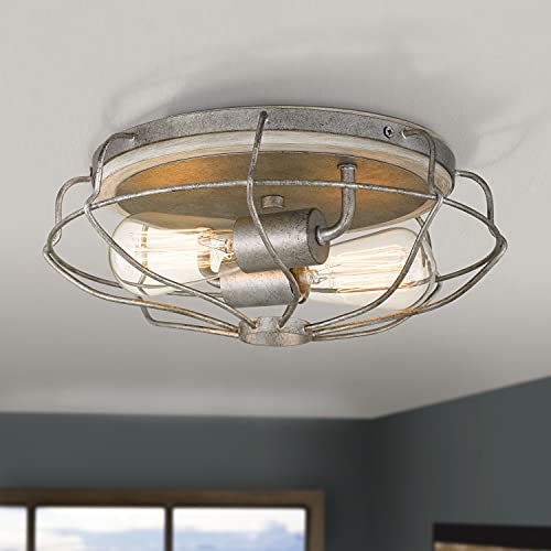 Flush Mount Round Ceiling Light, 2-Light 13" Galvanized & Ocala Oak Finish W/Metal Cage, Urban Industrial Vintage Fixtures Farmhouse Lighting Fixtures-Cyclone Collection #TOP5