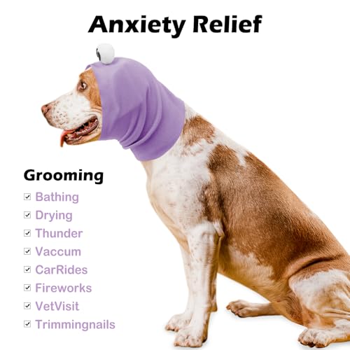 Image of SAWMONG Dog Calming Hoodie Ear Head Covers for Noise Fireworks,No Shake Ear Wraps for Anxiety Relief,Dog Ear Muffs Dog Hematoma Ear Wrap Pet Grooming and Force Drying Dog Ear Protector,Purple,L