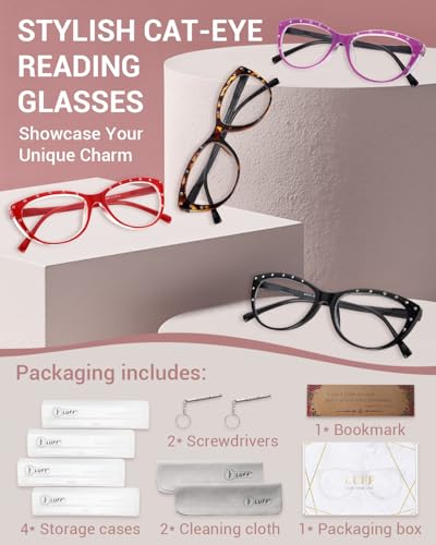 Image of LUFF Reading Glasses for Women Blue Light Blocking,4 Pairs 4 Color Elegant Computer Glasses With Bling Diamond,Cat Eye Design