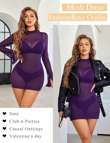 Image of Avidlove Mesh Mini Dresses for Women Bell Sleeves Bodycon Turtle Neck Split Lingerie Dress Vacation Party Outfits Clubwear