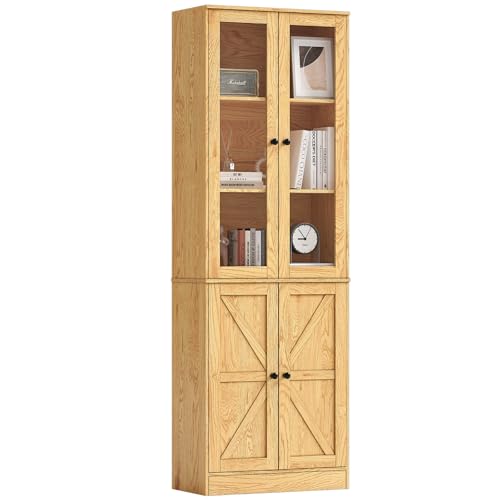 Estantería con puertas, estantes altos de almacenamiento, estantería de 5 niveles con armario de almacenamiento, estante de exhibición rústico de madera clara, muebles de decoración del hogar para