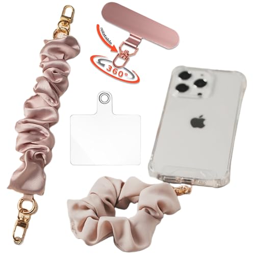 [oioiso] スマホストラップ 手首 シュシュ ハンドストラップ おしゃれ かわいい スマホ落下防止 ストラップホルダー 韓国 レディース 女性 携帯ストラップ スマホアクセサリー 手ぶら アタッチメント付き (01.ベージュピンク（ローズピンク回転ｘクリアアタッチメント2枚セット))