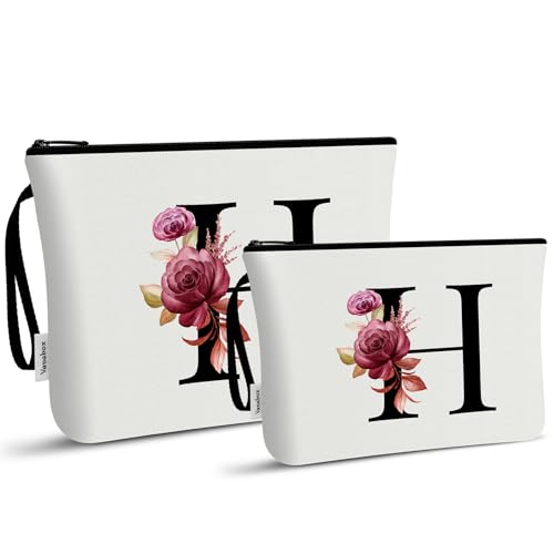 Image of Vavabox A-Z Personalized Makeup Bag, Birthday Gifts for Women Mom, Gifts for Best Friend, Bride Bridesmaid Cosmetic bag (H, 03-White Set)