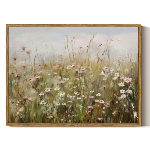 ARPEOTCY Vintage Framed Canvas Wall Art, Pink & White Daisies Landscape Wall Art for Living Room Office Bedroom, Retro Farmhouse Kitchen Bathroom Wall Art Decor(12x16 Inch)