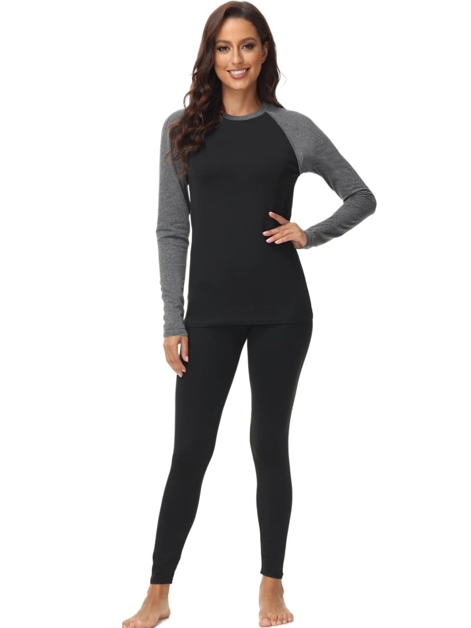 Ropa Interior térmica Cuello Redondo Manga rotadora Patchwork otoño e Invierno más Forro Polar Grueso cálido Conjunto de Ropa Larga for Mujer para Esquí,Moto