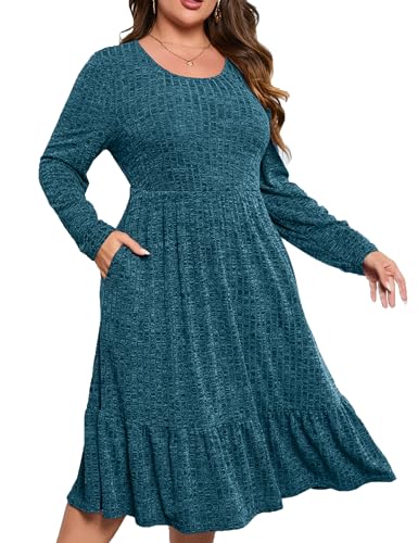 Image of ShopWonder Womens Plus Size Ribbed Knit Sweater Dress Long Sleeve Stretchy Comfy Casual Fall Dress with Pockets