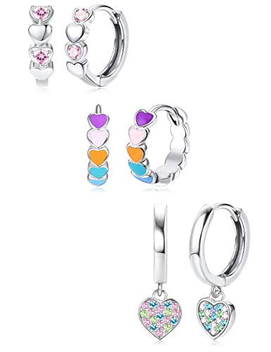 Besteel 3 Pairs Double Love Heart Hypoallergenic Hoop Earrings For Women, Small Silver Huggie Earrings Hoops For Women, Cute Colorful Cubic Zirconia Sleeper Butterfly Hoop Earrings Cartilage Dangling Sets For Sensitive Ears #TOP27