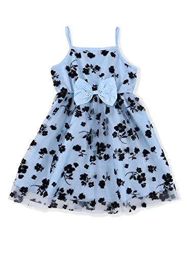 Blibean Girls Summer Boho Dresses Tween Kid Sleeveless Semi Formal Outfits Floral Mesh Bow Strap Sundress Clothes Dressy Party Clothing Size 9-10 Years Old Sky Blue #TOP5
