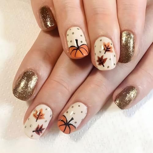 Fall Press on Nails Short Square Fake Nails Gold Glitter Full Cover Thanksgiving Pumpkin Maple Leaf False Nails Autumn Leaves Acrylic Nails Polka Dots Design Glue on Nails for Women Girls DIY 24Pcs